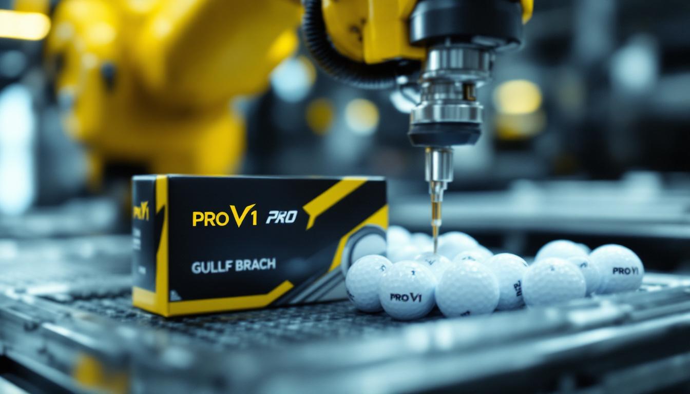 A photograph of a close-up shot of a sleeve of pro v1 golf balls alongside an industrial robotic arm in action