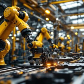 A photograph of a dynamic industrial setting featuring a robotic arm in action