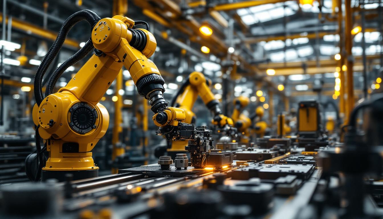 A photograph of a dynamic industrial setting featuring a robotic arm in action