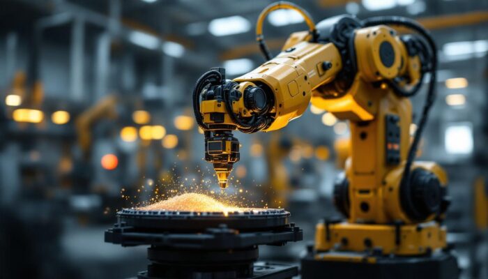 A photograph of a dynamic industrial robotic arm in action