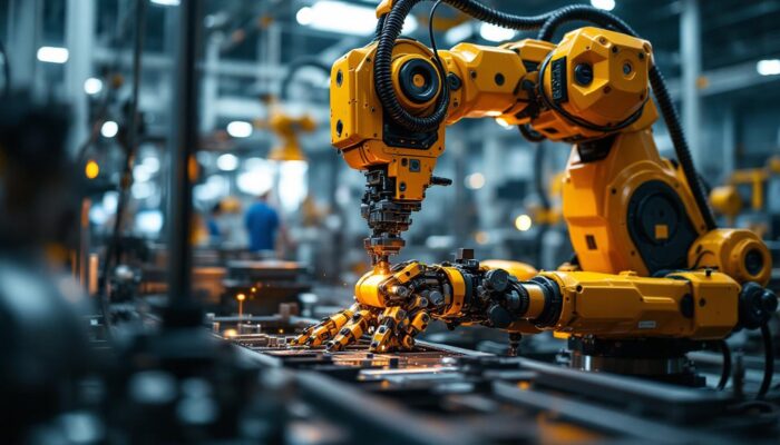 A photograph of a dynamic industrial robot in action within a manufacturing environment