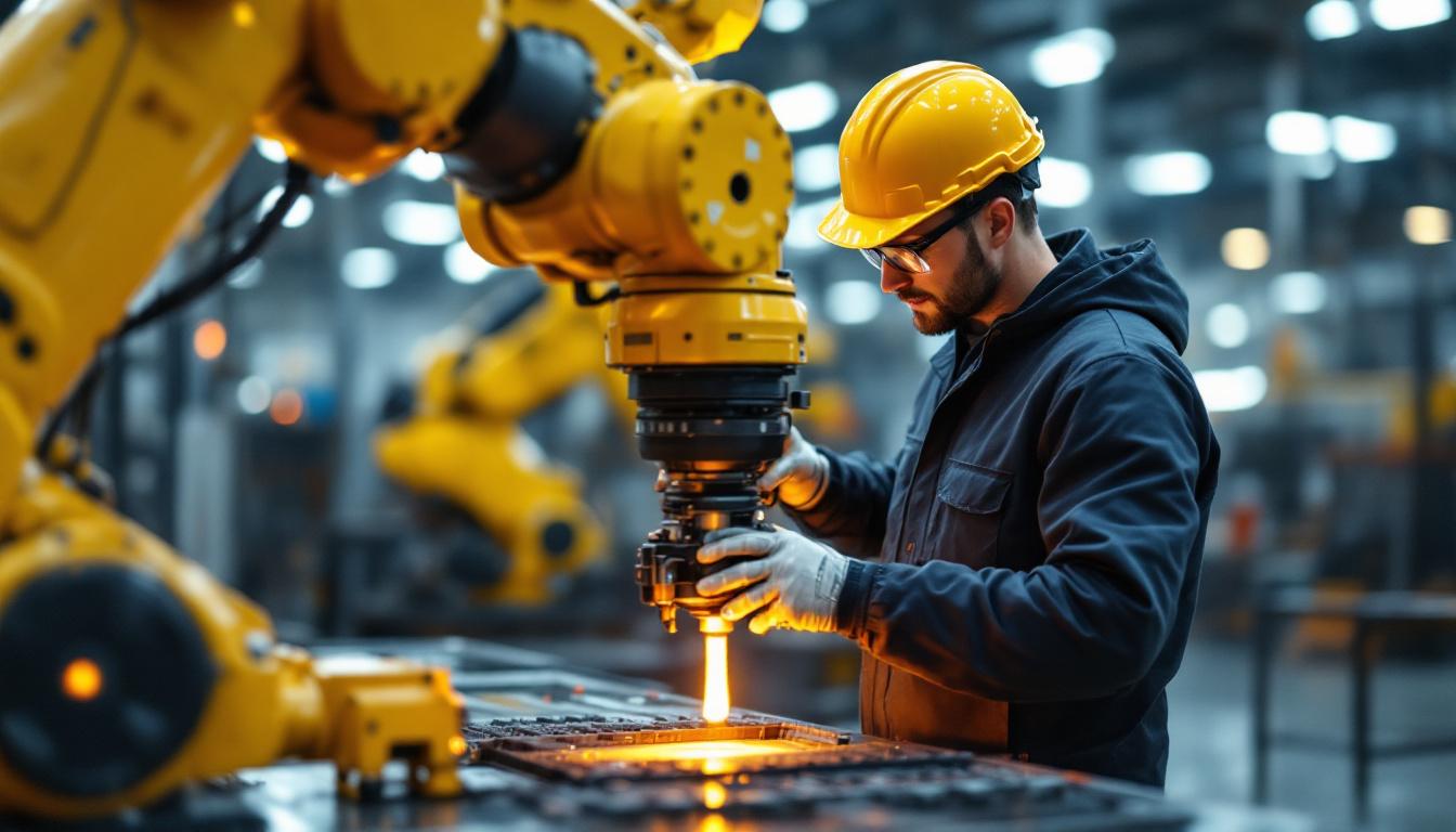 A photograph of a skilled technician interacting with a sophisticated industrial robot in a well-lit manufacturing environment