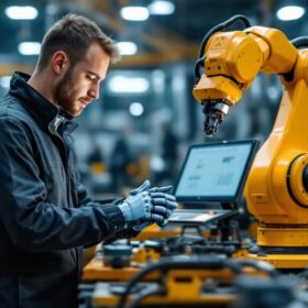 A photograph of a trainee engineer working hands-on with an industrial robot in a modern manufacturing setting