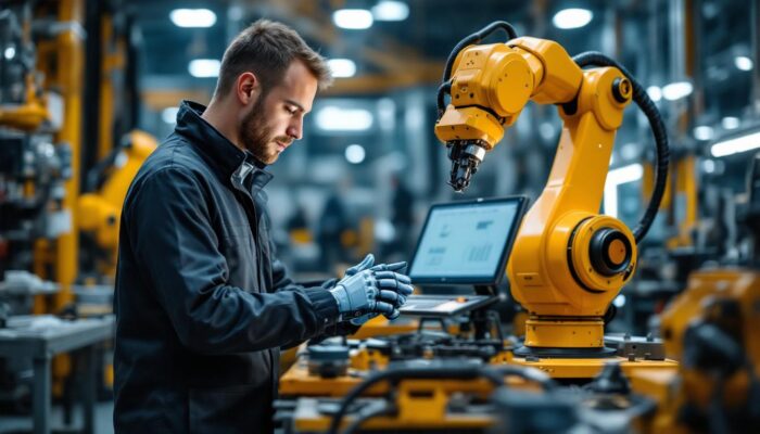 A photograph of a trainee engineer working hands-on with an industrial robot in a modern manufacturing setting