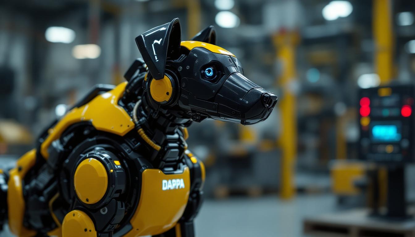 A photograph of a darpa robot dog in an industrial setting