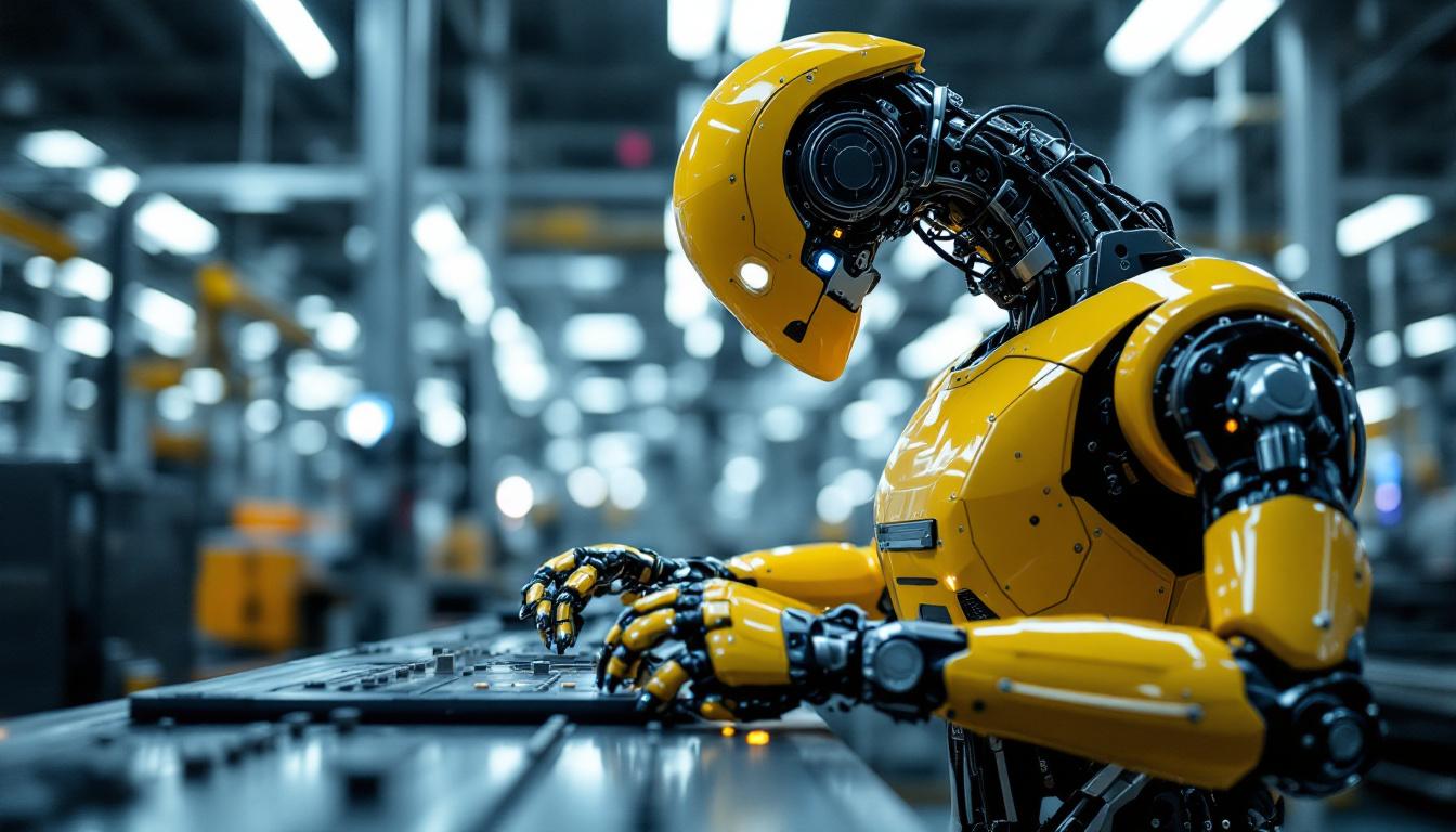 A photograph of a sleek industrial robot in action within a modern manufacturing facility