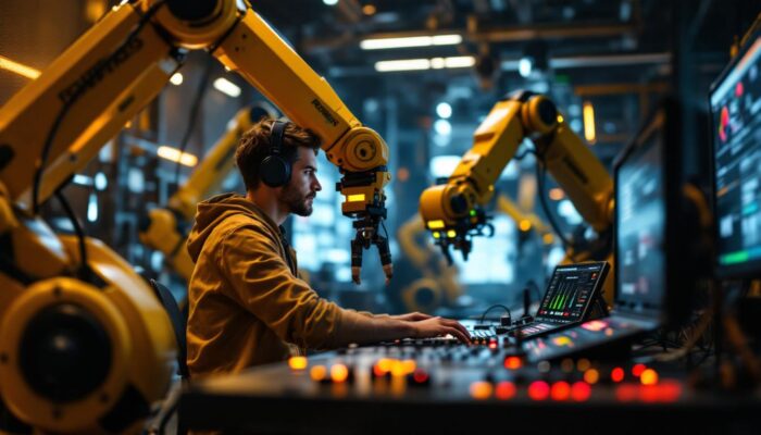 A photograph of a skilled audio engineer working in a dynamic environment