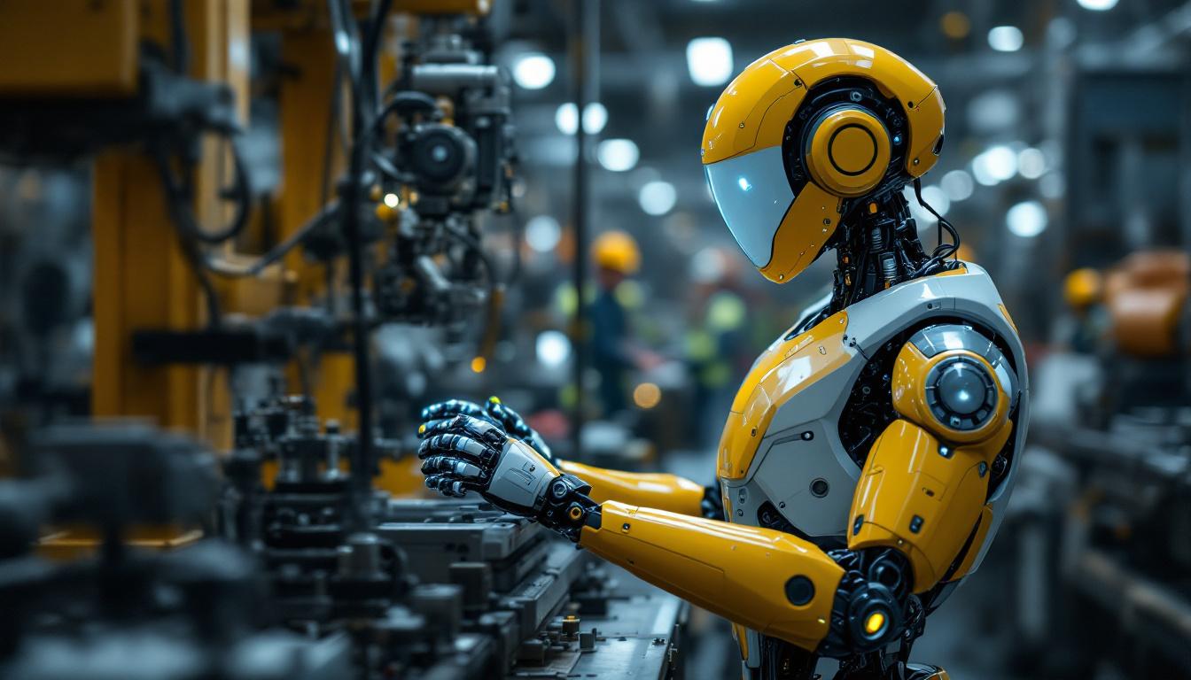 A photograph of a humanoid robot in an industrial setting
