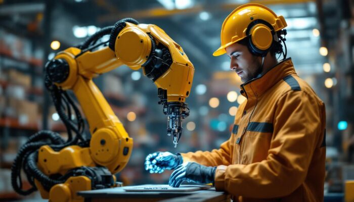 A photograph of a maersk intern working alongside a sophisticated industrial robot in a dynamic warehouse setting