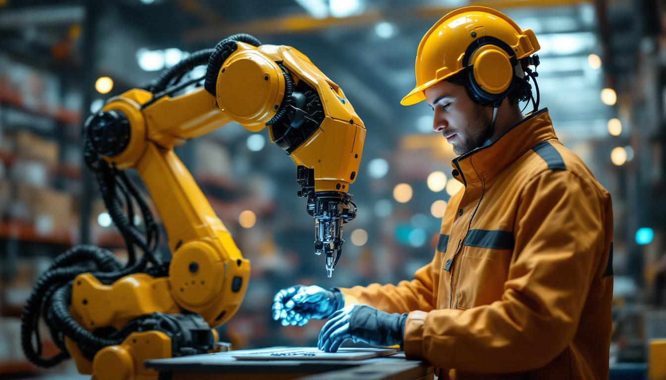 A photograph of a maersk intern working alongside a sophisticated industrial robot in a dynamic warehouse setting