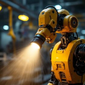 A photograph of a spot flashlight mounted on an industrial robot in a dynamic setting
