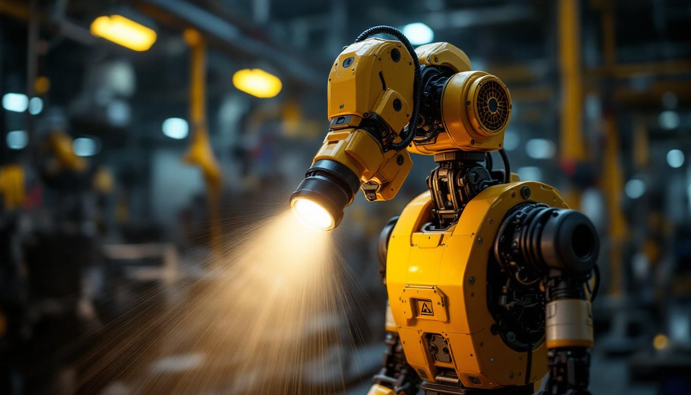 A photograph of a spot flashlight mounted on an industrial robot in a dynamic setting