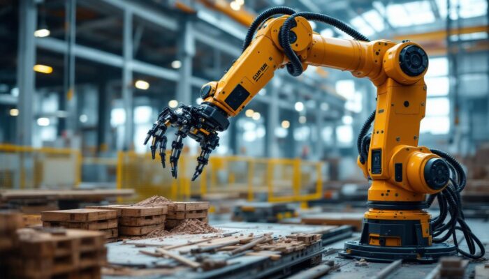 A photograph of a modern industrial robotic arm in action within a construction environment