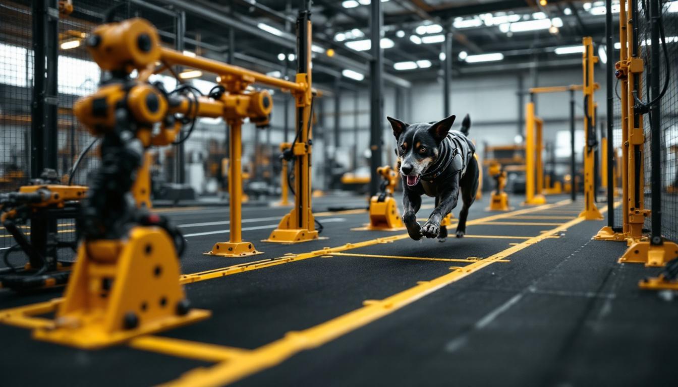 A photograph of a professional dog agility course featuring industrial robotic equipment in action