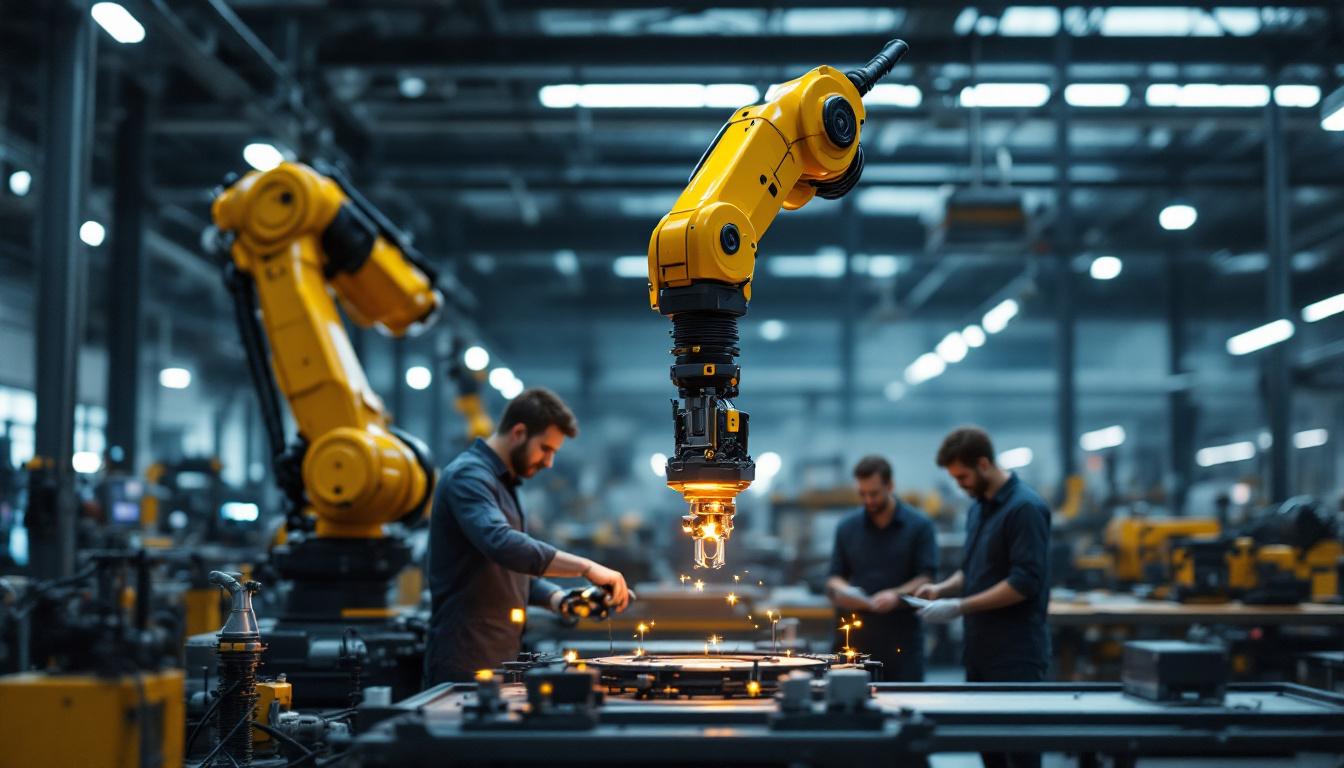 A photograph of a sleek industrial robotic arm in action within a modern manufacturing environment