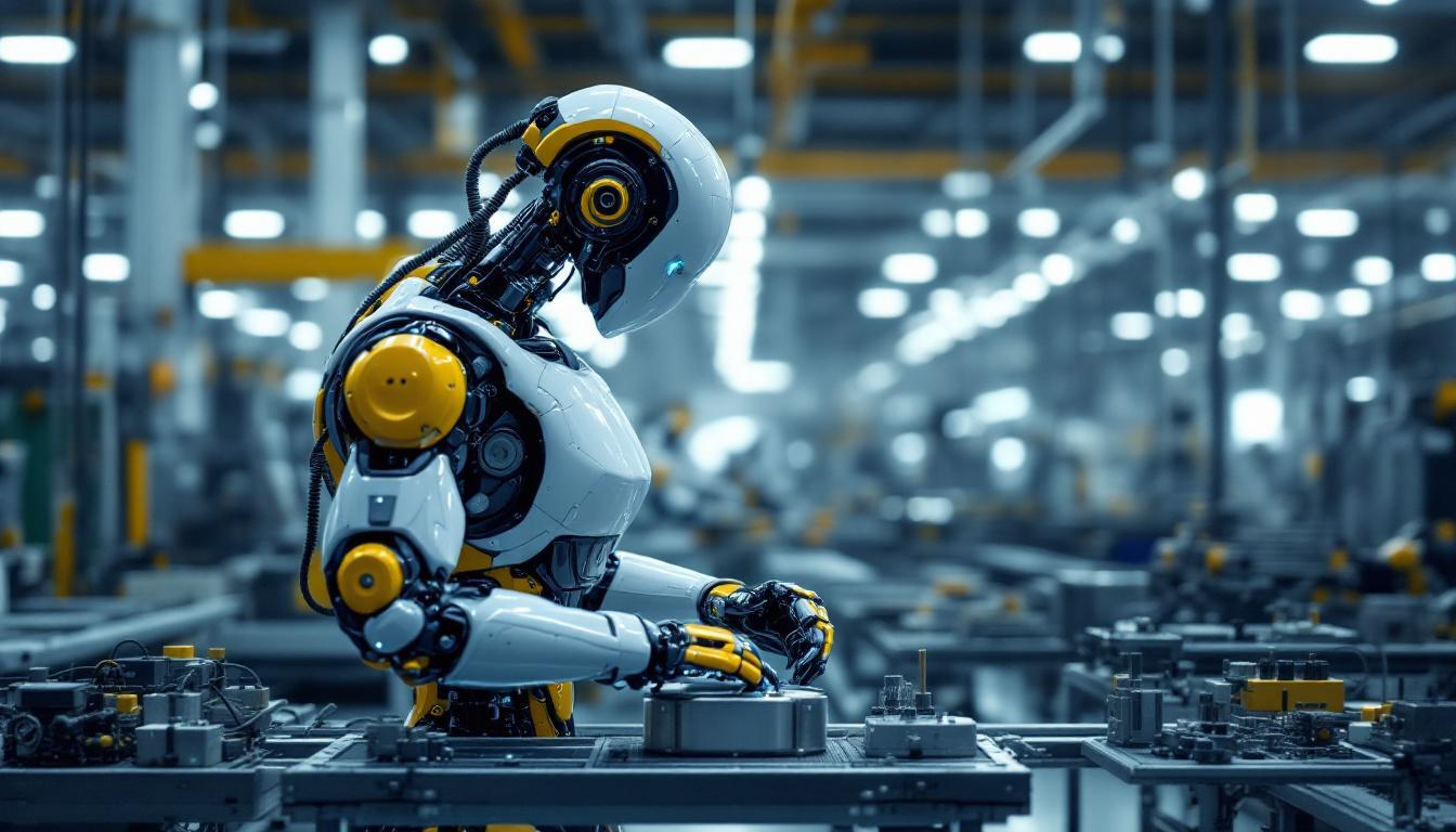 A photograph of a sleek industrial robot in action on a factory floor