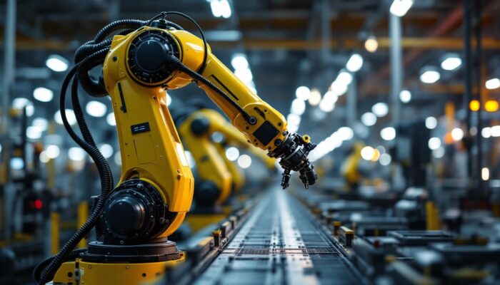 A photograph of a sleek industrial robotic arm in action