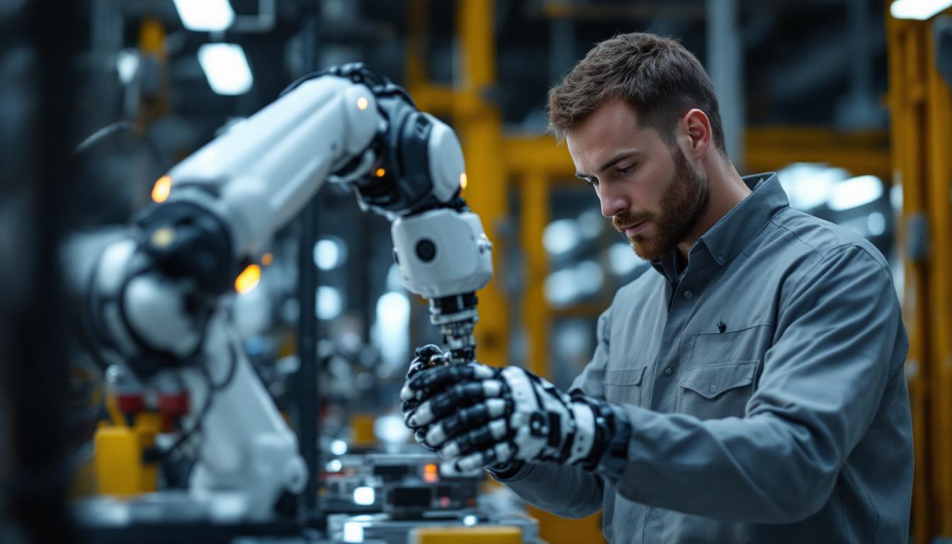 A photograph of a robotics engineer in a modern industrial setting