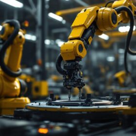 A photograph of a dynamic industrial robotic arm in action