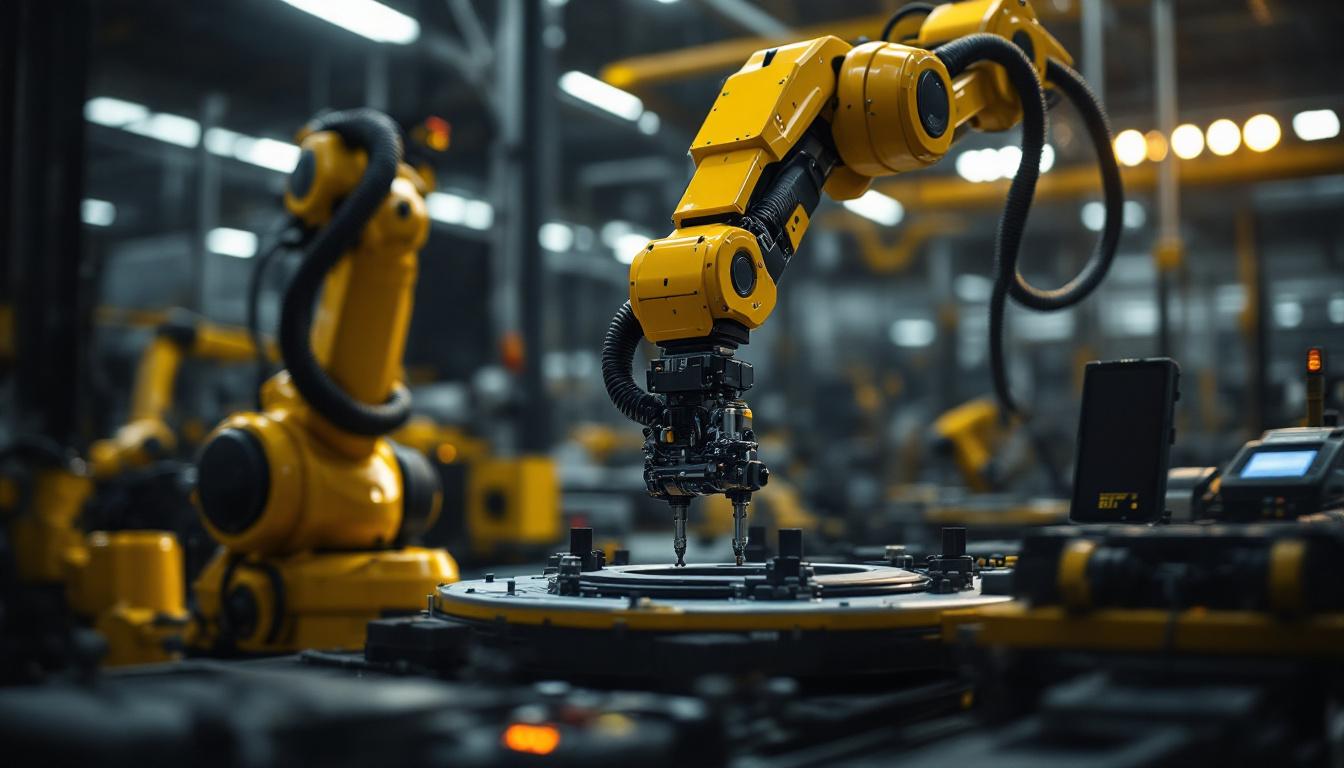 A photograph of a dynamic industrial robotic arm in action