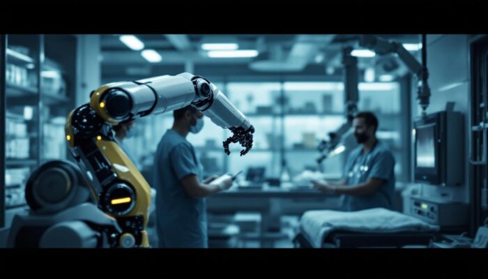 A photograph of a highly advanced industrial robotic arm in action within a modern medical facility