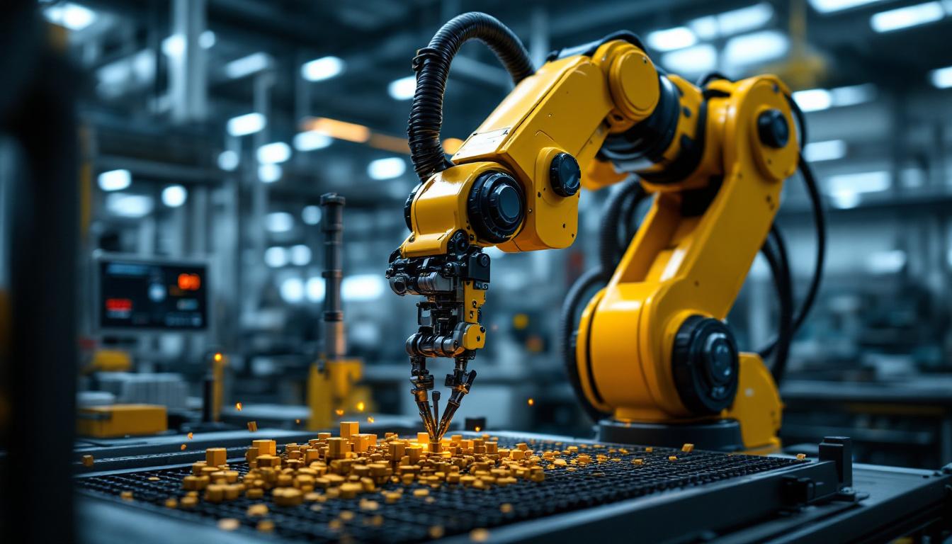 A photograph of a sleek industrial robotic arm in action