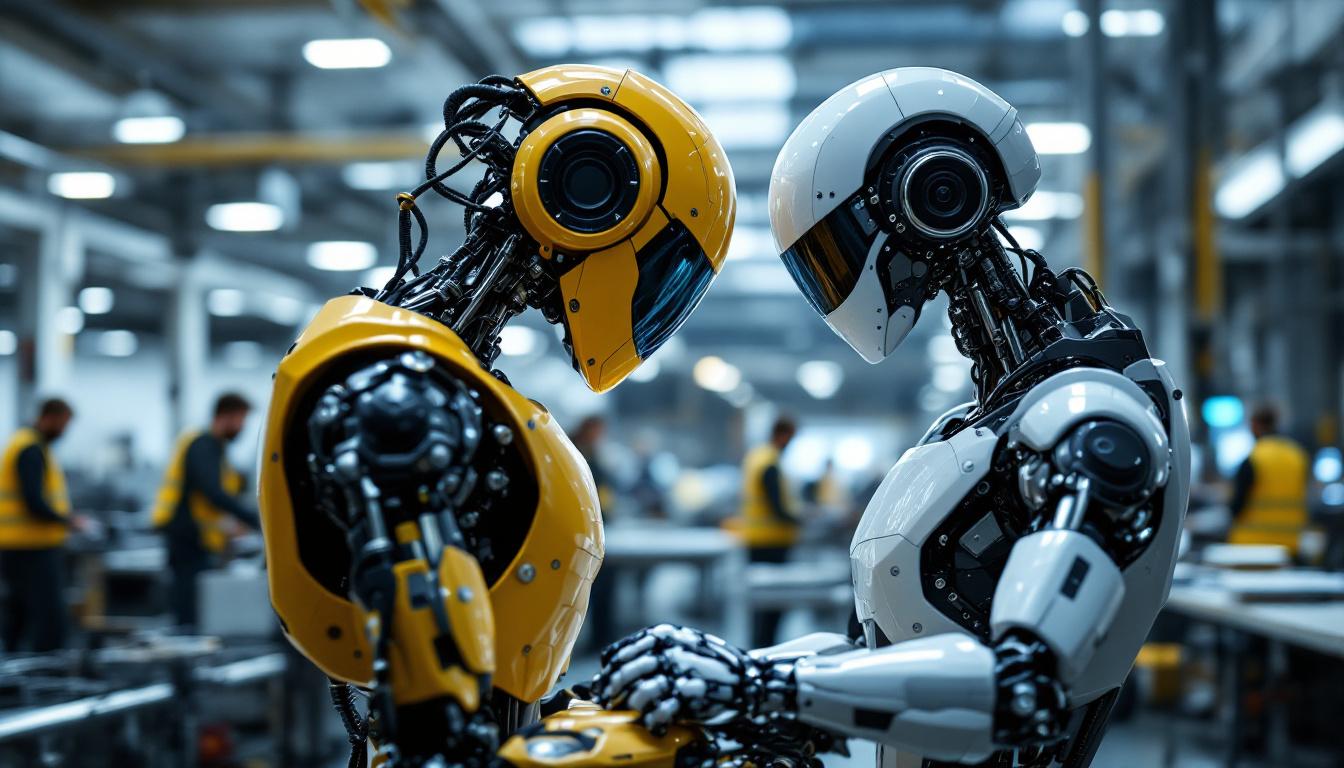 A photograph of a sleek industrial robot in action within a modern manufacturing environment