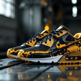 A photograph of a pair of air max 90 cheetah sneakers placed on a sleek