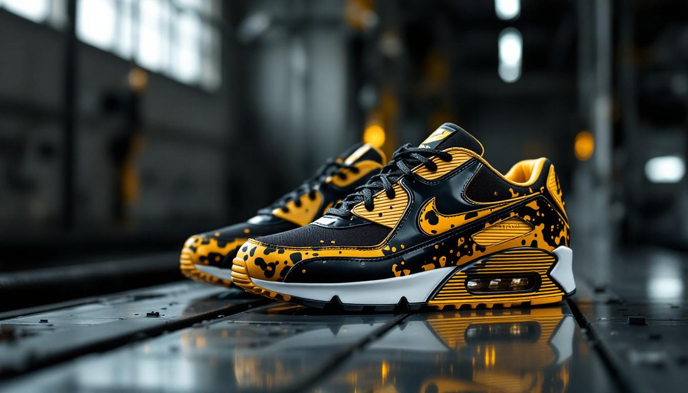 A photograph of a pair of air max 90 cheetah sneakers placed on a sleek