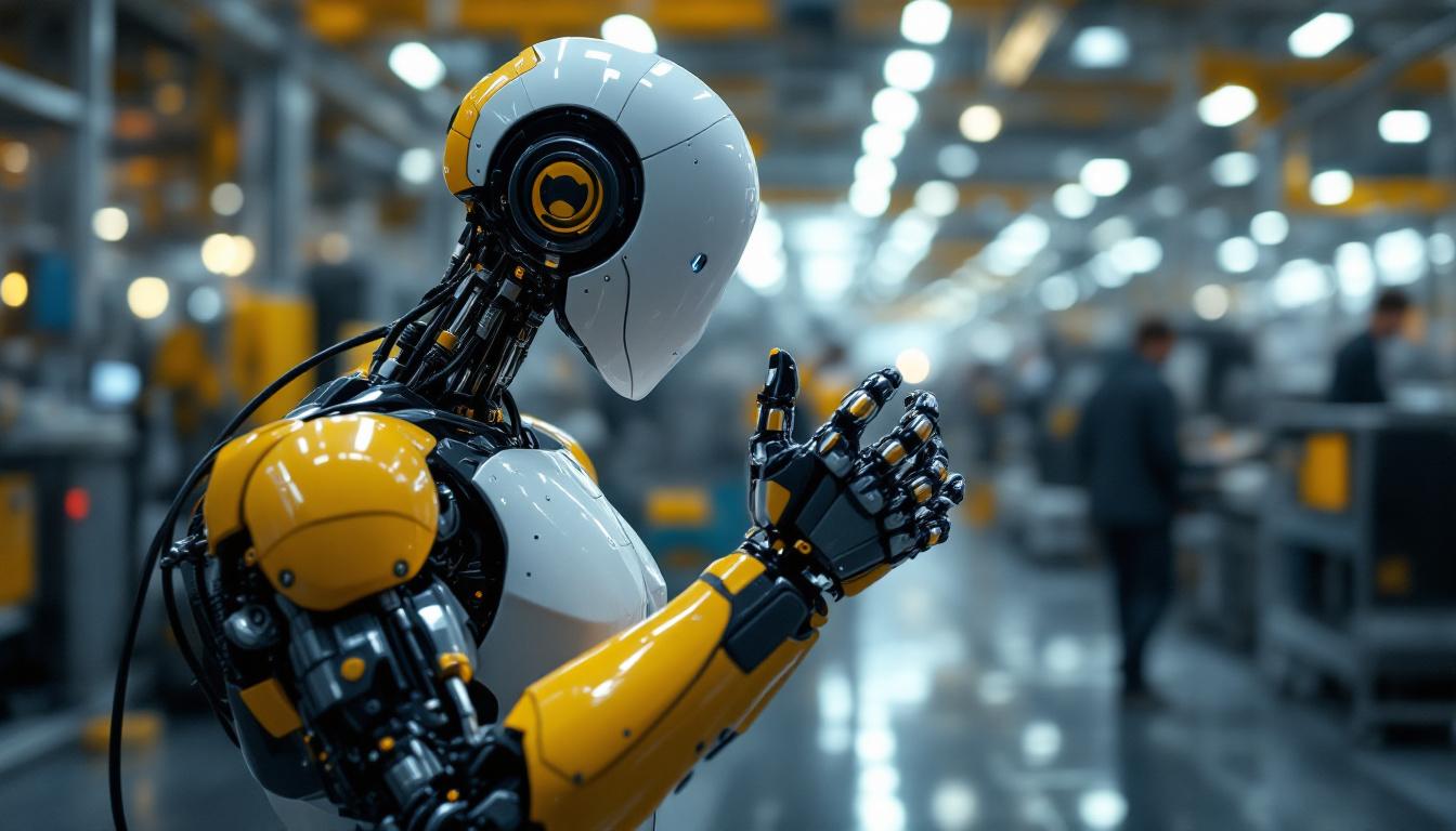 A photograph of a sleek industrial robot in action within a modern manufacturing environment