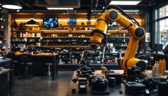 A photograph of a bustling camera store in boston