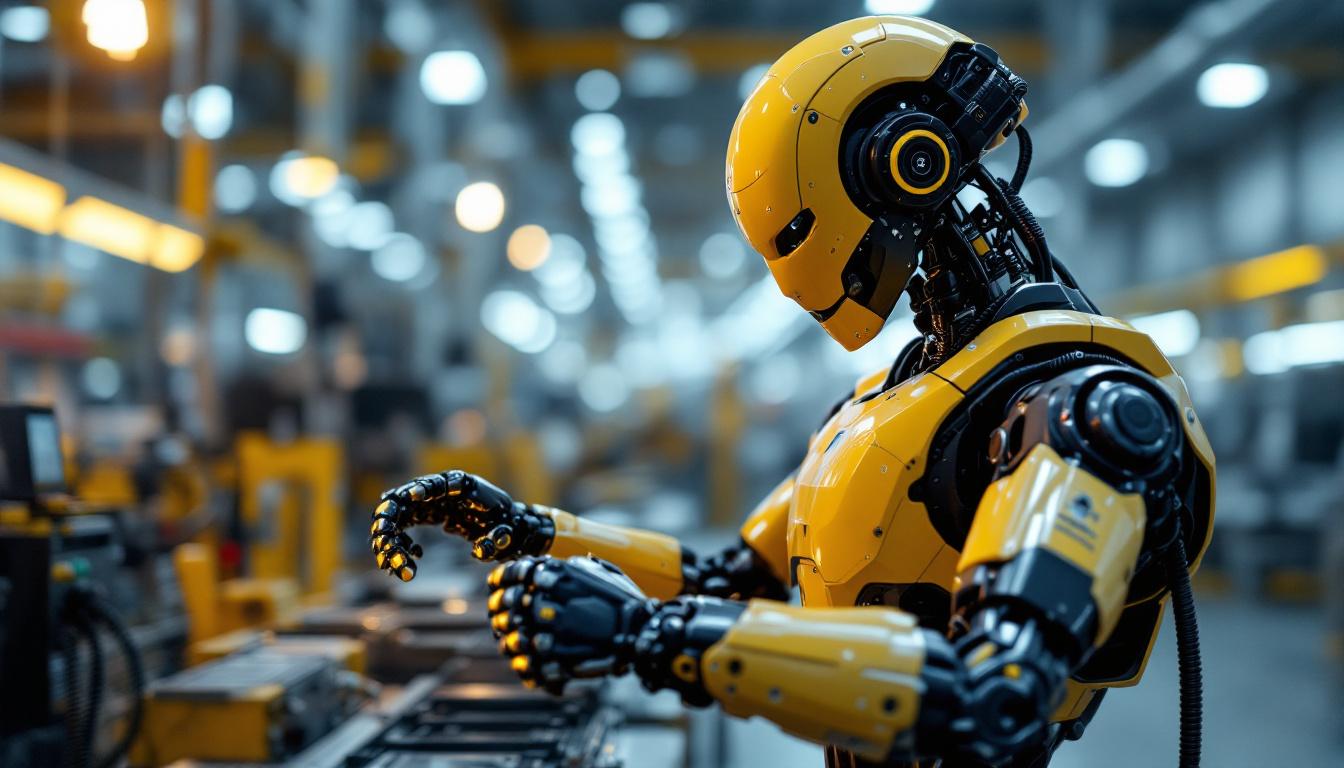 A photograph of a sleek industrial robot in action within a manufacturing environment