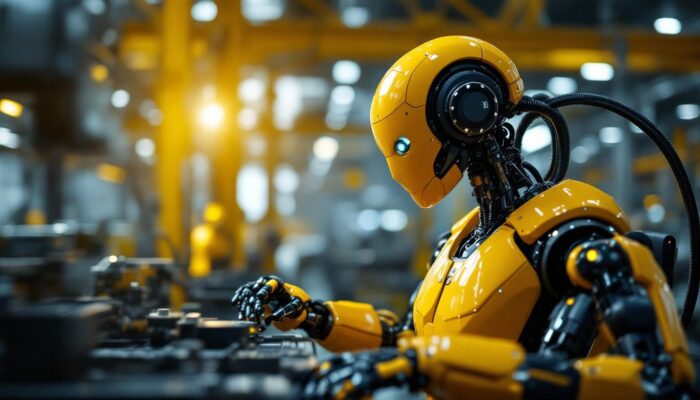 A photograph of a modern industrial robot in action within a manufacturing setting