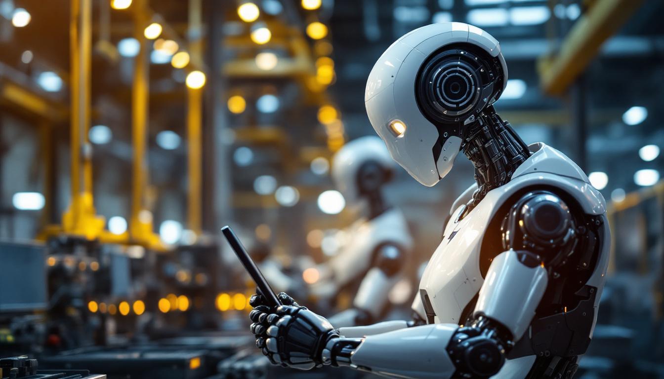 A photograph of a sleek industrial robot in action within a factory setting