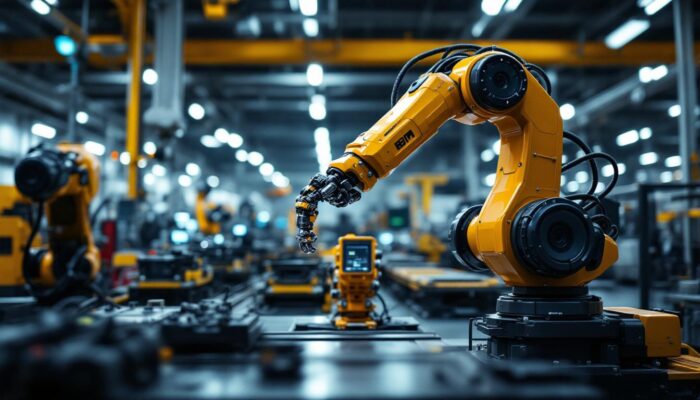 A photograph of a sleek industrial robotic arm in action