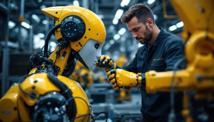 A photograph of a skilled electrical engineer working on an industrial robot in a modern manufacturing setting