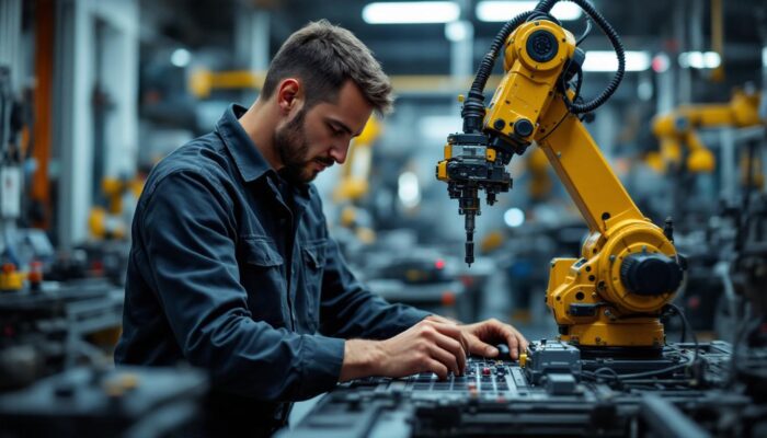 A photograph of a skilled apprentice electrical engineer working hands-on with industrial robotic equipment in a dynamic workshop setting