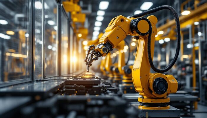 A photograph of a dynamic industrial robot in action within a manufacturing environment