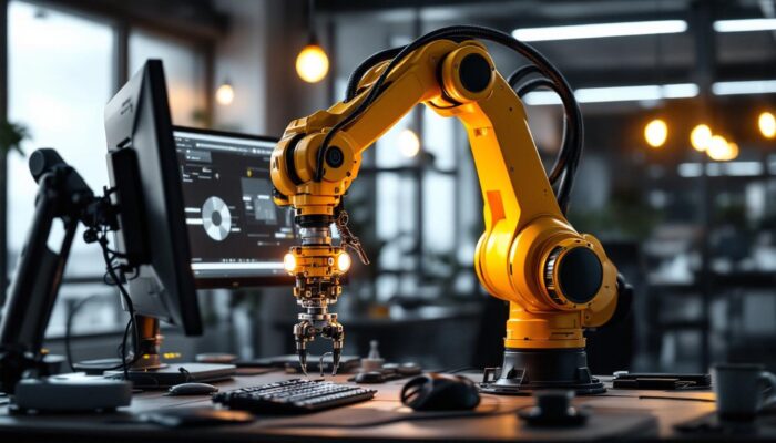 A photograph of capture a photograph of an industrial robotic arm in action