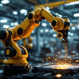 A photograph of a sleek industrial robotic arm in action