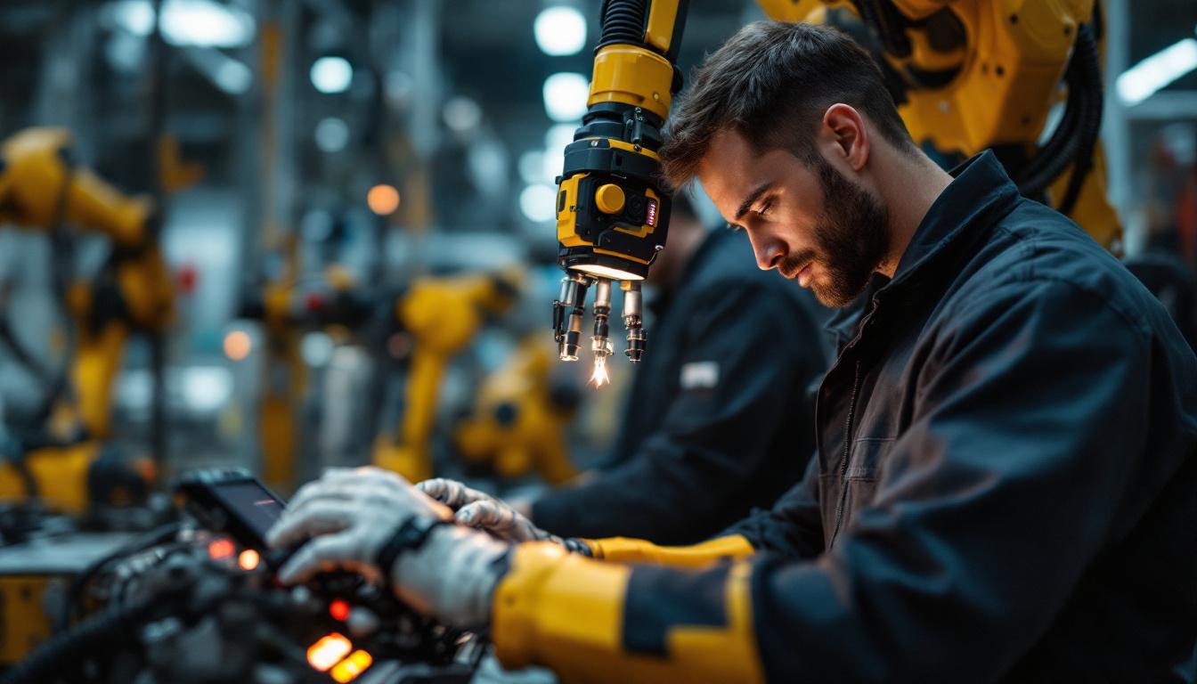 A photograph of a skilled technician operating a wireless tens machine in an industrial setting