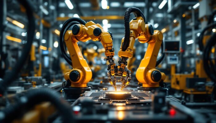 A photograph of a modern industrial robotic arm in action on a factory floor