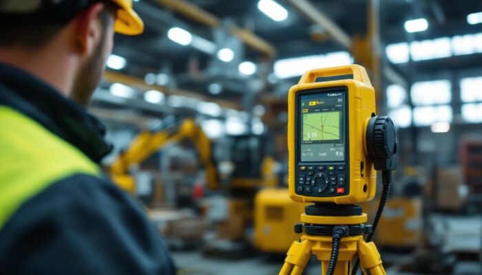 A photograph of capture a photograph of a construction site or industrial setting featuring a trimble gps device in use