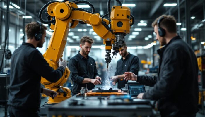 A photograph of a dynamic scene featuring an industrial robot in action within a boston-based manufacturing facility