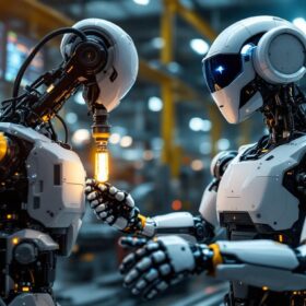 A photograph of a modern industrial robot in action