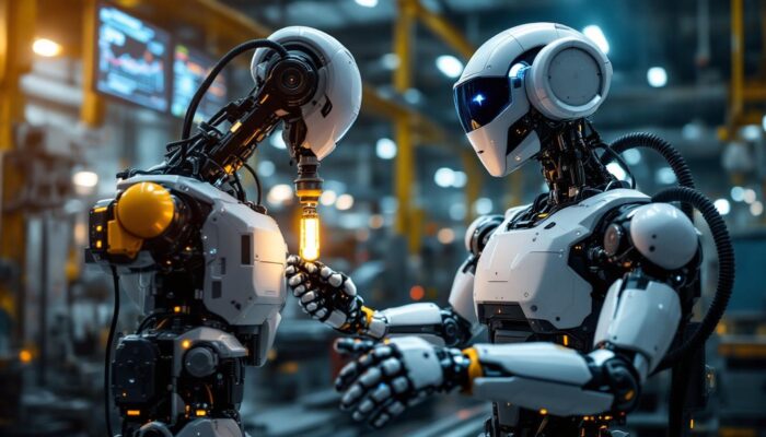 A photograph of a modern industrial robot in action