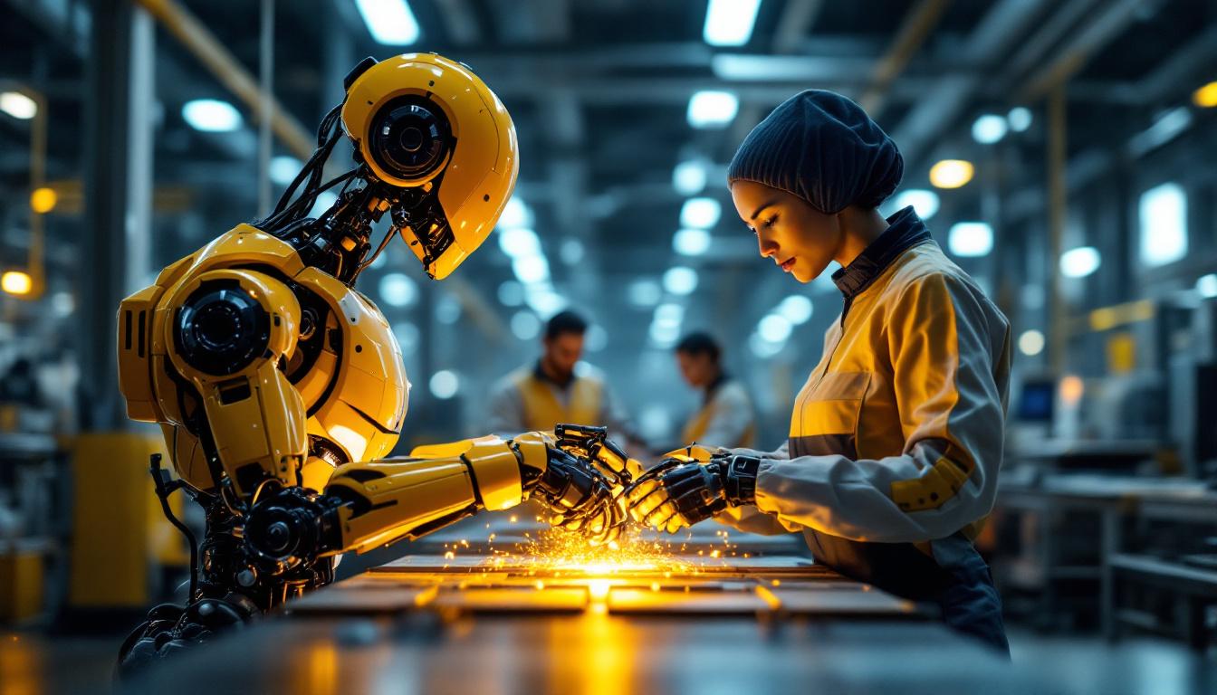 A photograph of a sleek industrial robot in action within a modern manufacturing facility