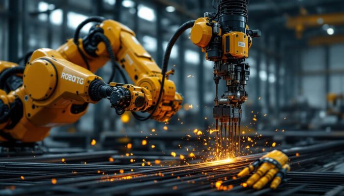 A photograph of a skilled worker operating an industrial robotic arm that is precisely bending or cutting rebar