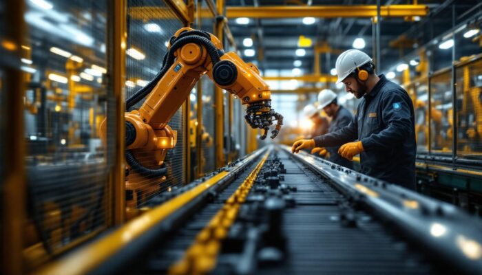 A photograph of a dynamic industrial setting showcasing a robotic conveyor system in action