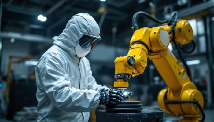 A photograph of a skilled eod technician in a protective suit operating an industrial robotic arm in a controlled environment